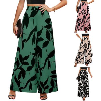Summer Chiffon Leaf Printed Casual Pants With High Waist And Wide Legs For Women