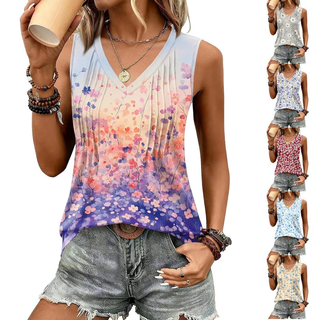 Women's Loose Fit V Neck Sleeveless Tank Top Floral Print Pleated Design Lightweight Casual Summer Blouse