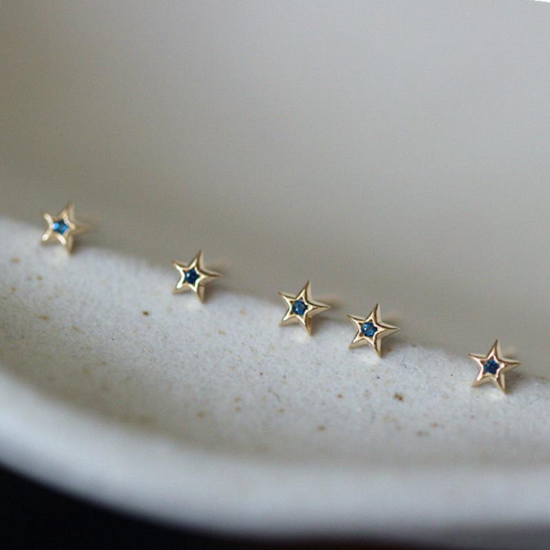 Little Star S925 Sterling Silver 14K Gold-Plated Dark Blue CZ Star Stud Earrings for Women Gold Pair (includes silver earplugs)