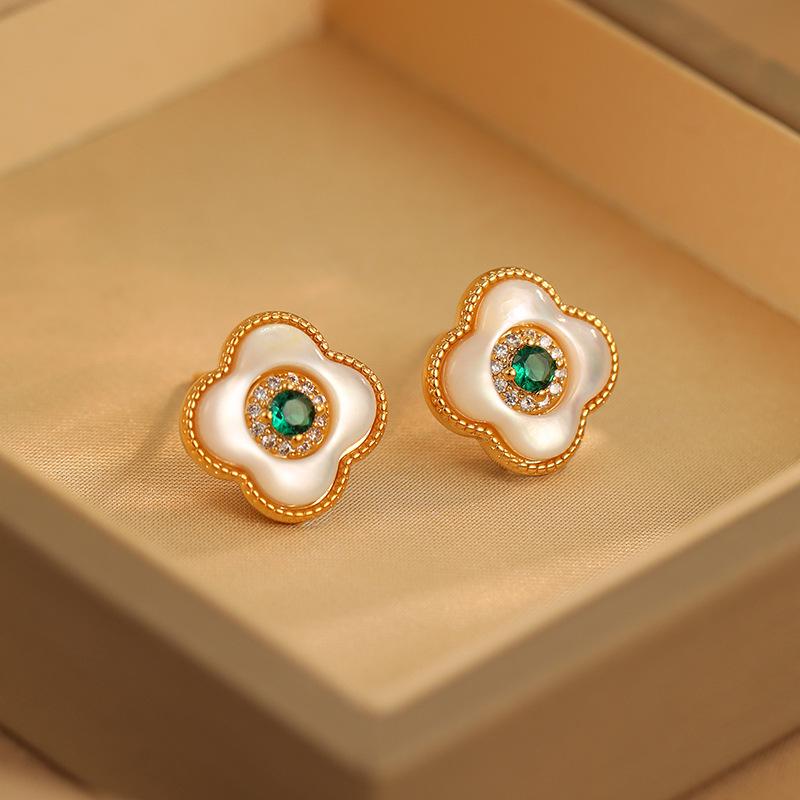 

Ретро Геометрические Серьги-Цветы из Перламутра с Циркониевыми Пуссетами - Минималистичные Украшения Легкой Роскоши 18K Gold