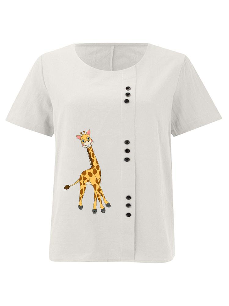 Women's Fashion Giraffe Print Shot Sleeve T-shirt Loose Cotton Shirt Casual Loose Summer Blouse Tops Plus Size