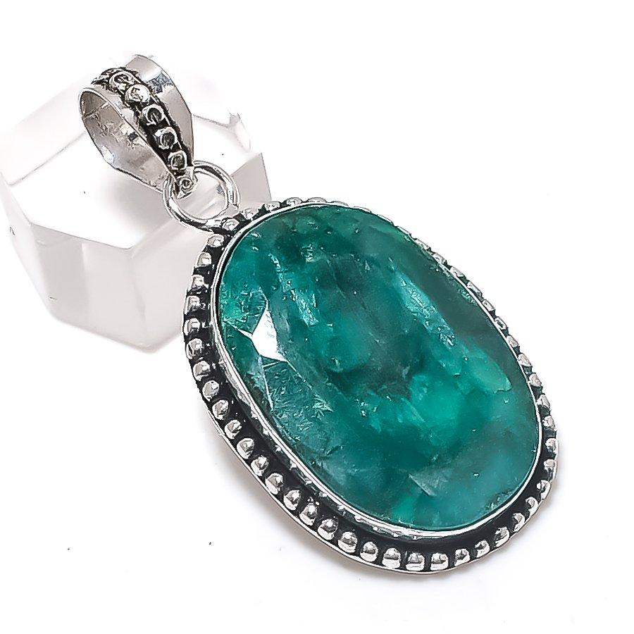 Skota Emerald Gemstone 925 Sterling Silver Jewelry Pendant 1.89"
