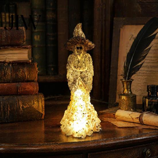 Mysterious Gothic Interior Decor Skeleton Witch Resin Figurine, LED Light Up Statue, Spooky Bohemian Style Home Accents Dark Fantasy Ornament