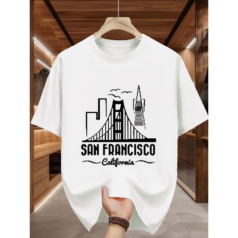 

European sizes Men s San Francisco California Graphic T-Shirt - Golden Gate Bridge & City Skyline Print, Casual Round Neck Summer Tee 4XL білий
