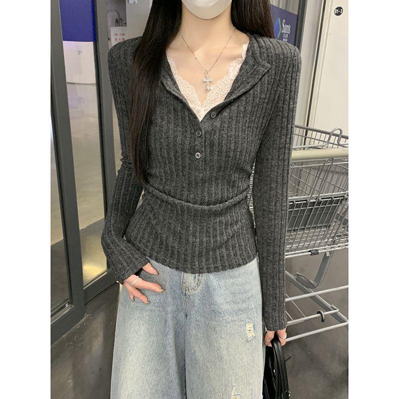 Women s Slim-Fit V-Neck Lace Trim Gray Faux Two-Piece Brushed T-Shirt for Autumn/Winter Large темно-серого