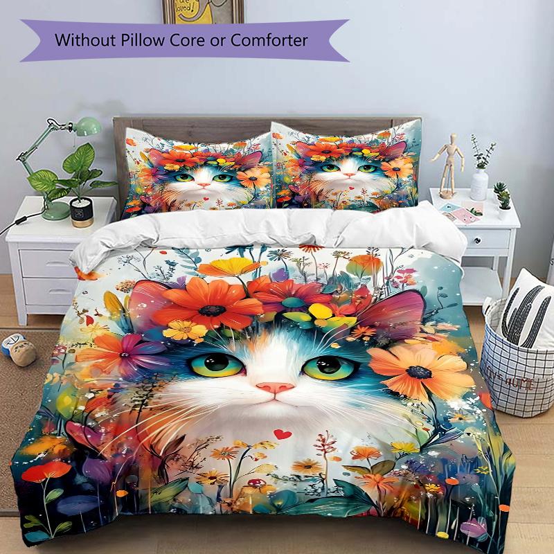 

3pcs Cat Artwork Ideas Design Quilt Cover Set - Soft & Comfortable Polyester Fabric, All-Season Breathable Comforter Set For 1 Quilt Cover & 2 Pi 135x200cm