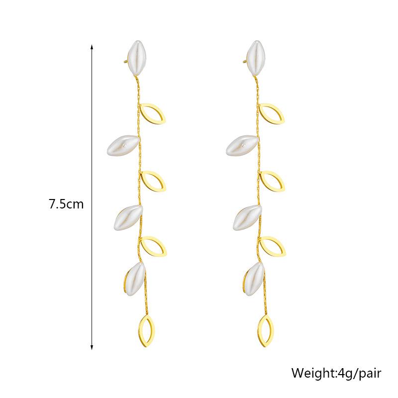Fashion Minimalist Pearl Willow Leaf Hollow Long Drop Earrings, Light Luxury Elegant Earrings