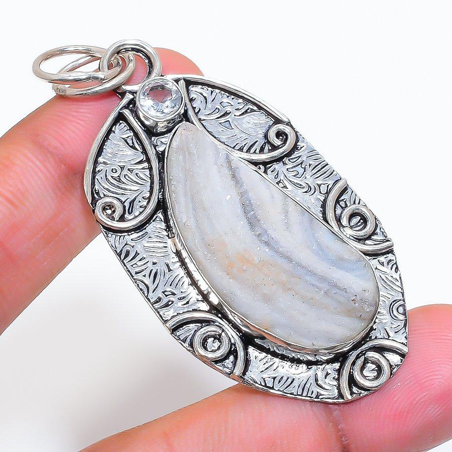 Natural Desert Rose Druzy, Topaz 925 Sterling Silver Jewelry Pendant 2.44" ZS-607