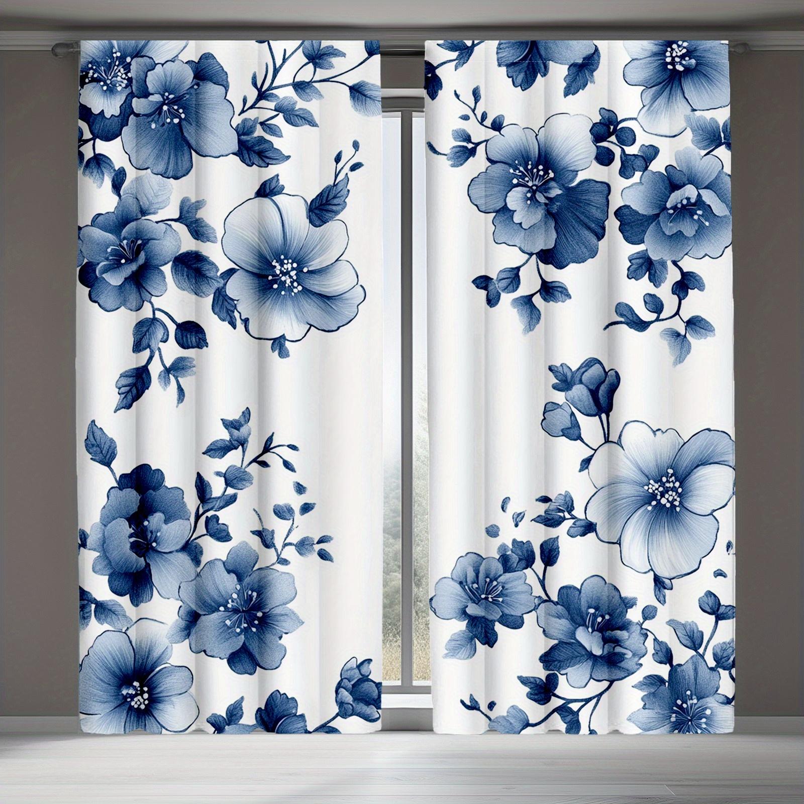 

Set Of 2 Blue Floral Watercolor Curtains Drapes Bedroom Living Room Darkening Made Polyester Window Treatment W100*H70(CM)-Hooks&2PCS