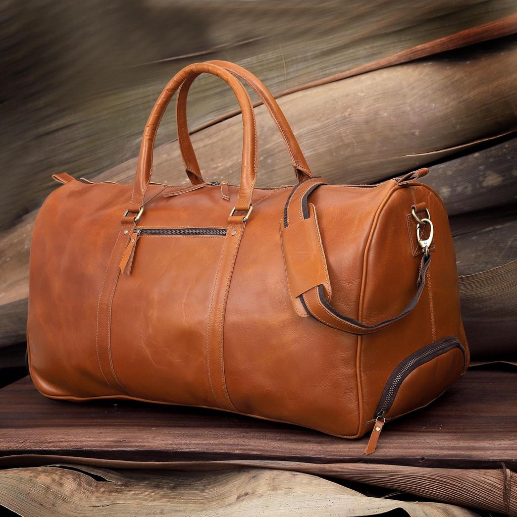 Handmade Leather Trolley Duffel: Personalized Mens Weekender Holdall Bag Gift him