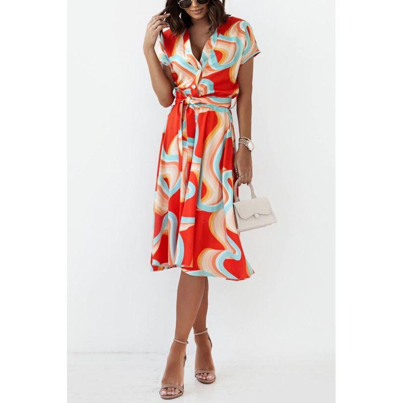 Printed Waist Dress Women's Clothing Summer Fashion Style Fashion Temperament Printed Short Sleeve V Neck Dress