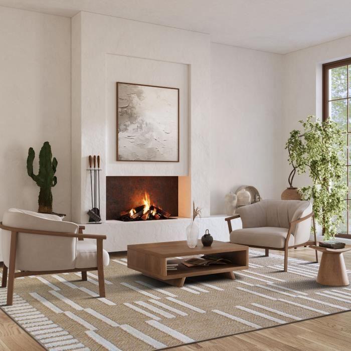 JUTE RELIEF STRIE - Tapis effet jute à motif lignes en relief blanc 120x160