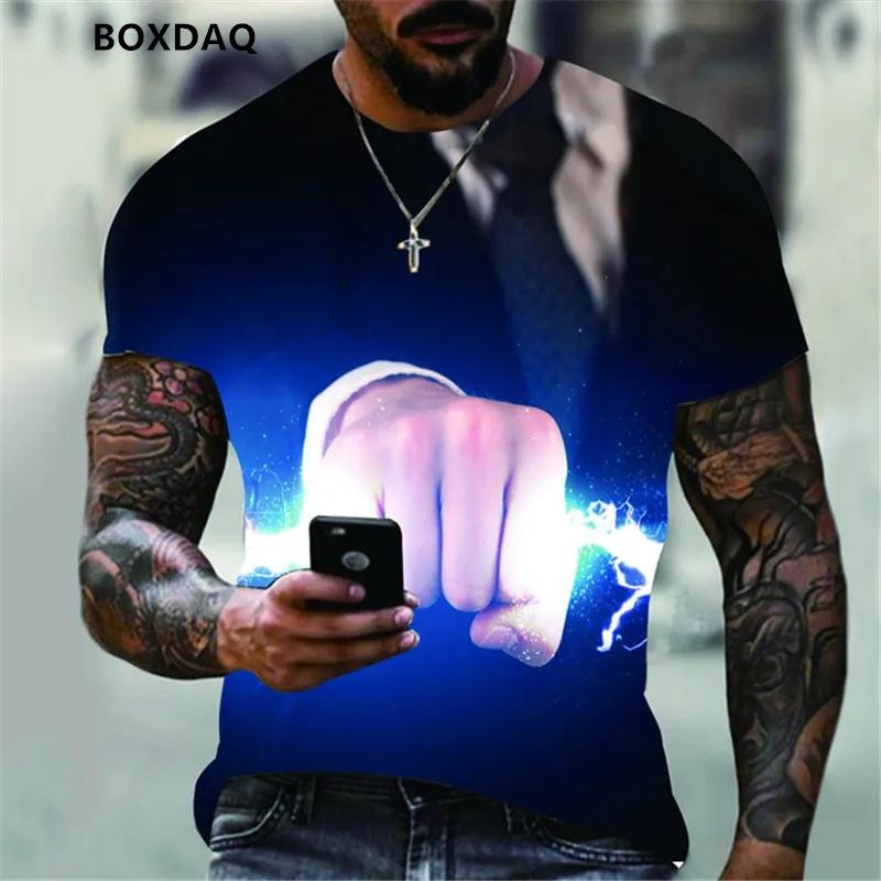 Letní Pánská Trička s Krátkým Rukávem s 3D Potiskem Blesků s Kulatým Výstřihem