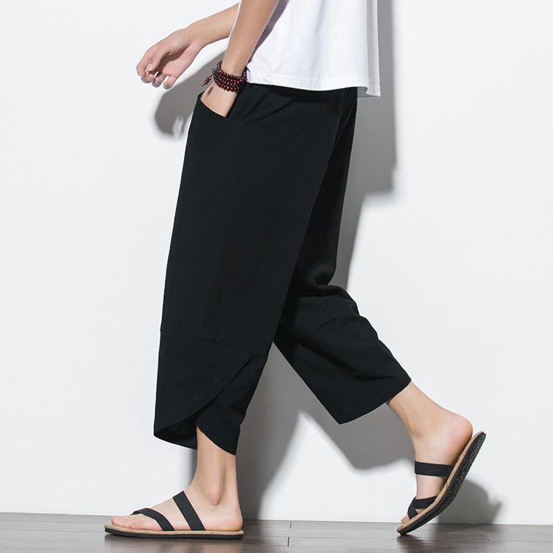 Letní pánské bavlněné lněné harémové kalhoty v čínském stylu Pánské retro streetwear plážové šortky Pánské ležérní kalhoty ke lýtkům M-5XL