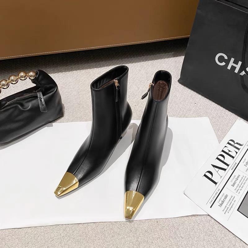 Women Pointed Stiletto Heel Ankle Boots 2025 New European Style Metal Toe Black Gold Sexy Boots