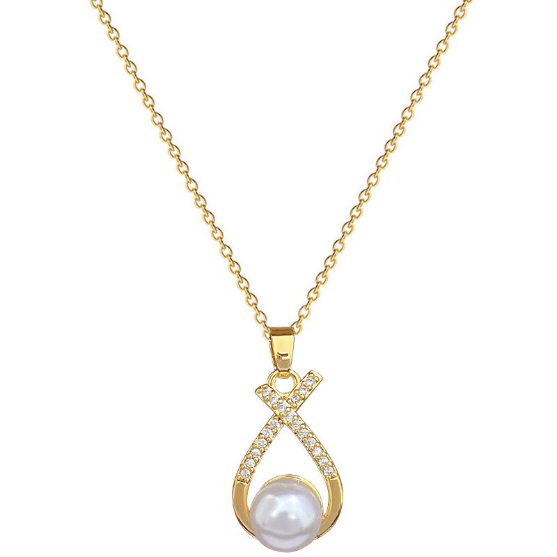 Necklace Earrings Set Light Luxury Full Diamond Cross Pearl Personality Temperament Banquet Earrings Item Group