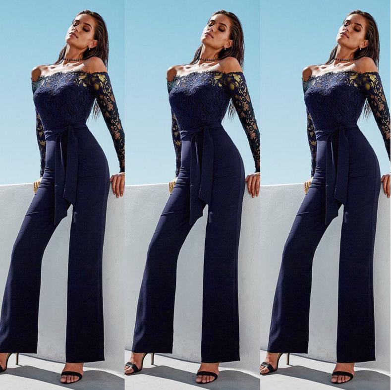 Off-Shoulder Jumpsuit med Blonde-Patchwork og Sommerfugldetaljer med Vide Ben