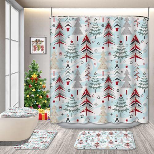 Christmas 4-Piece Bathroom Curtains Christmas Tree Snow Shower Curtain Non-Slip Bath Mat U-Shaped Bathroom Mat Toilet Cover