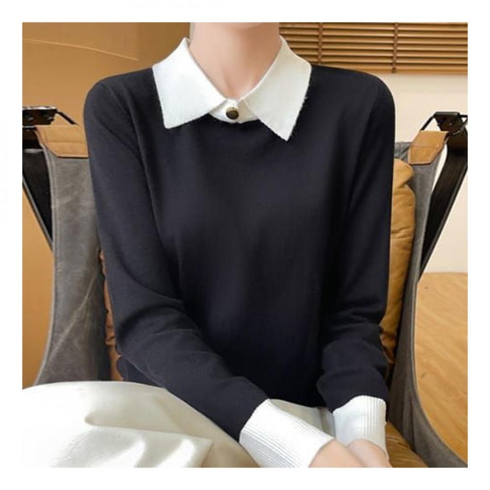 Navava Long Sleeve Collar KniT T shirT wiTh Simple Color Block Nk2322