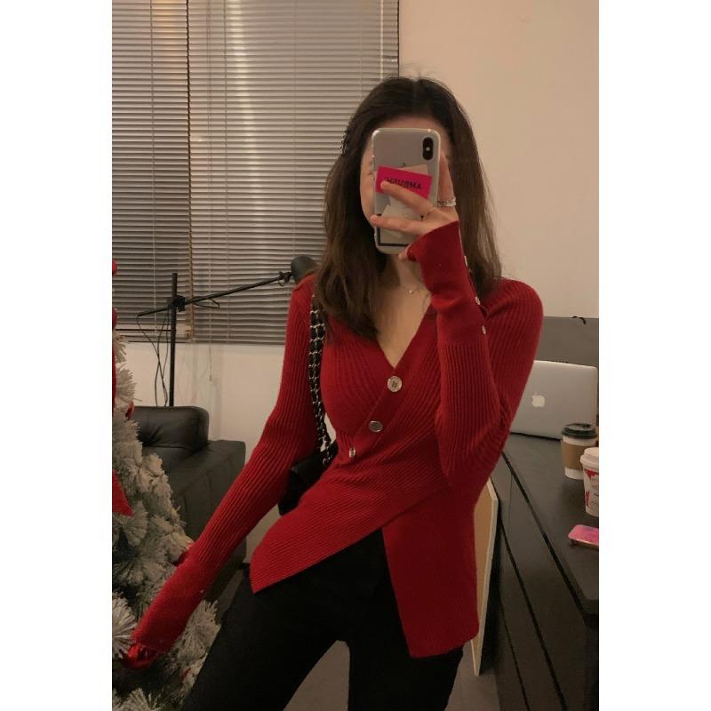 Irregular pure desire and thin, collar sweater crossed A waist slim split fork pullover knitted long-sleeved inner top