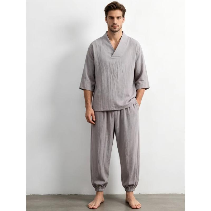 Mens White Cotton Linen V Neck 2 Piece Outfit Set