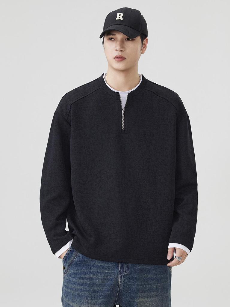 2025 Autumn/Winter Men's Trendy Heavyweight Round Neck Hoodie Pullover, Zippered Fake Two-Piece Long Sleeve Shirt