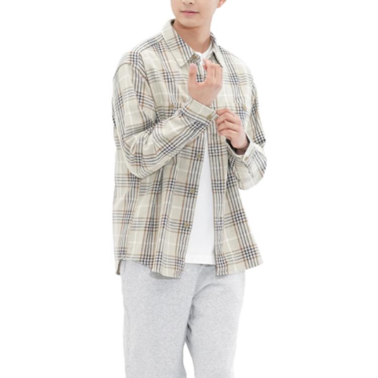 UNIQLO Checkered Stripe Pointed Collar Long Sleeve Shirt Unisex shirts Beige 462388-31