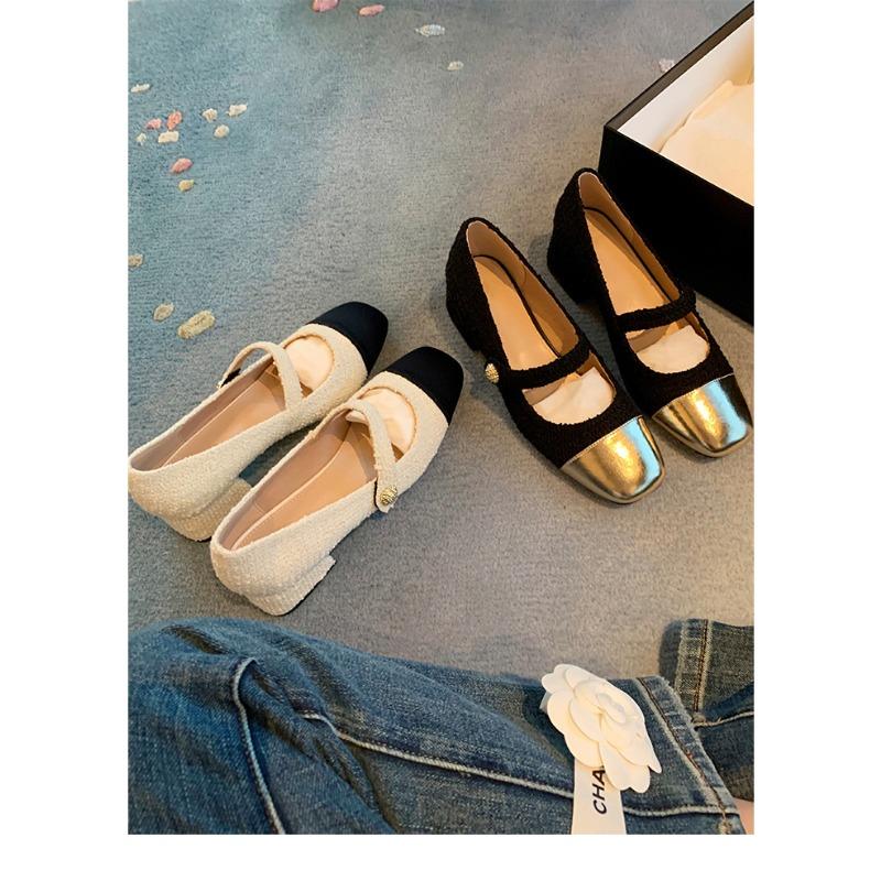 Lederschuhe wollene High Heels Damen Ein-Knopf dicker Absatz Mary Jane Schuhe vielseitige Schuhe leichte Mund Einzelne Schuhe