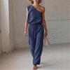 Women's Loose Fit Two Piece Pant Suit One Shoulder Sleeveless Button Detail Solid Wide Leg Long Pant Matching Outfit