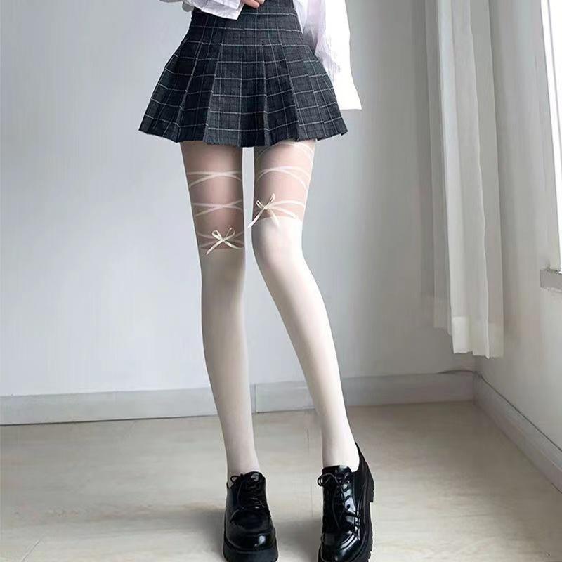 Thin Stockings Women Bowknot Straps Lolita Cute Pantyhose Girls Long Tights Socks Black White Sexy Lingeries for Woman