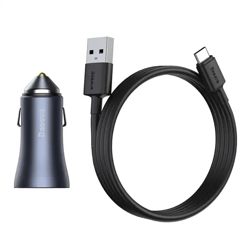 Ładowarka Samochodowa Baseus Golden Contactor Pro, 2X Usb, 40W (Szara) + Kabel Usb Do Usb-C 1M (Czarny)