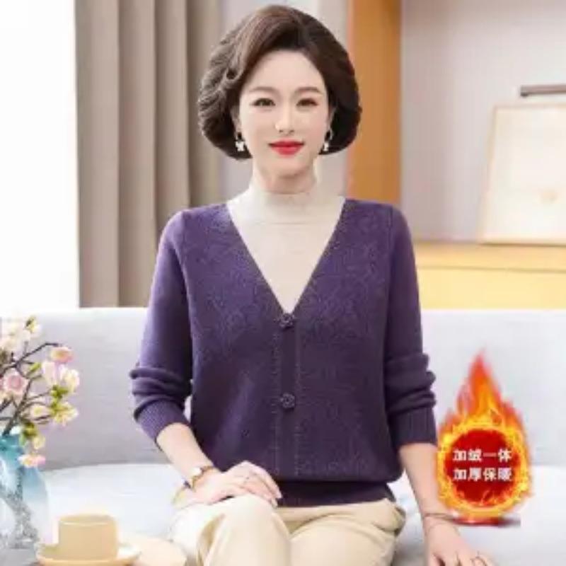Mother's Sweater Mid-length Middle-aged Women Knitted Bottoming Wool Plus Velvet Loose Autumn Winter New