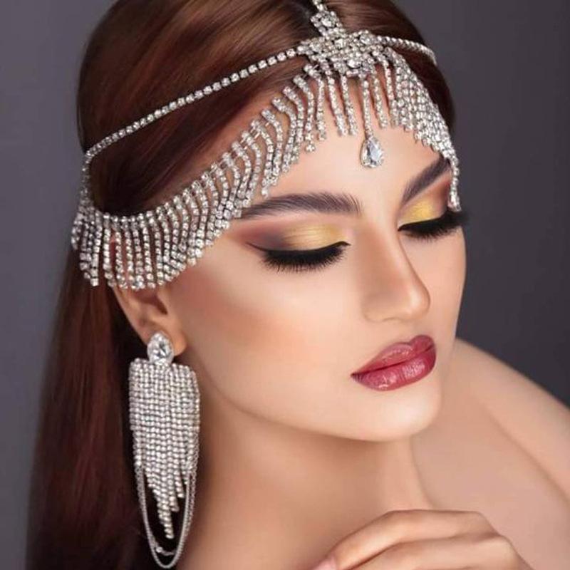 Vintage Trend Rhinestone Head Chain Forehead Headband Indian African Bohemian Hair Accesories Crystal Fringe Tiara Headdress