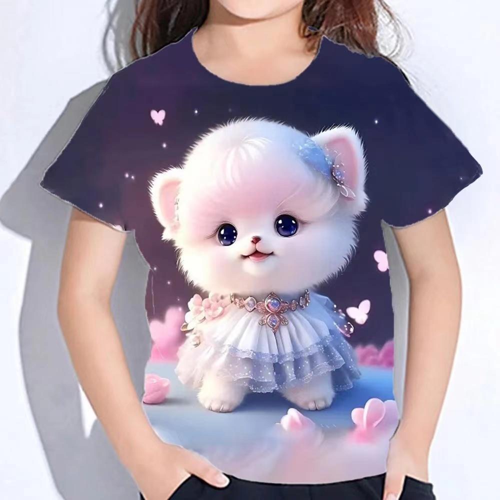 Tops For Children Short Sleeve Summer Cat T Shirts Girl Kids Clothes 3d Print Tee Shirts Korean Kawaii T-Shirts From 10-14 Years