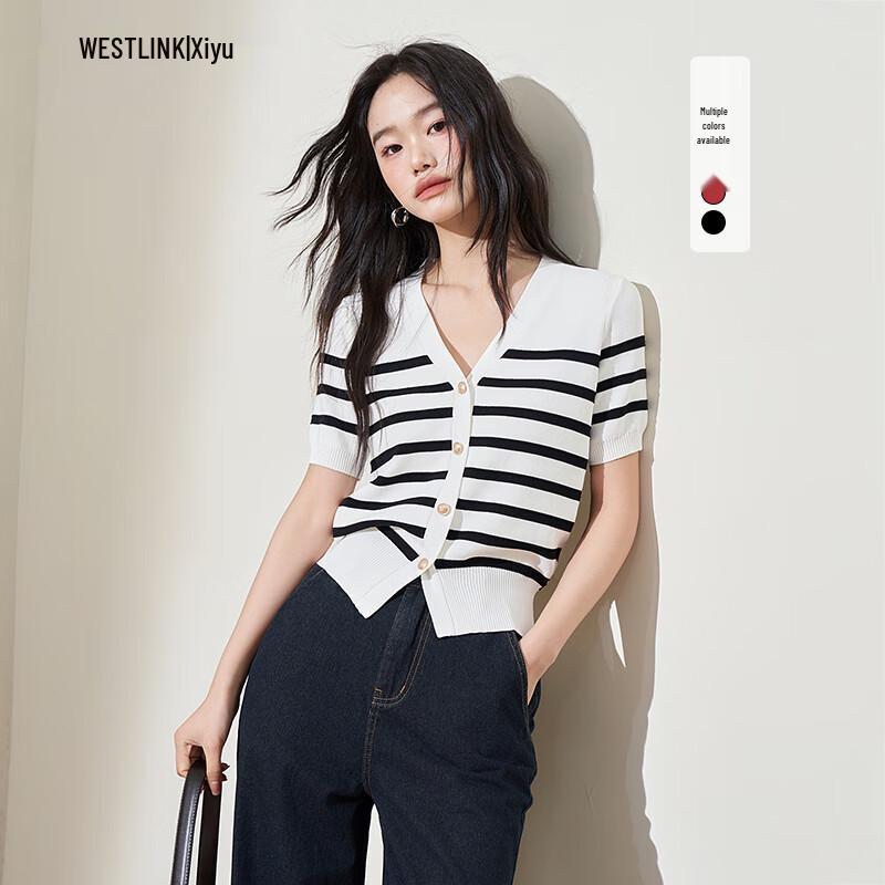 

Женский полосатый трикотажный топ Westlink с V-образным вырезом и коротким рукавом M