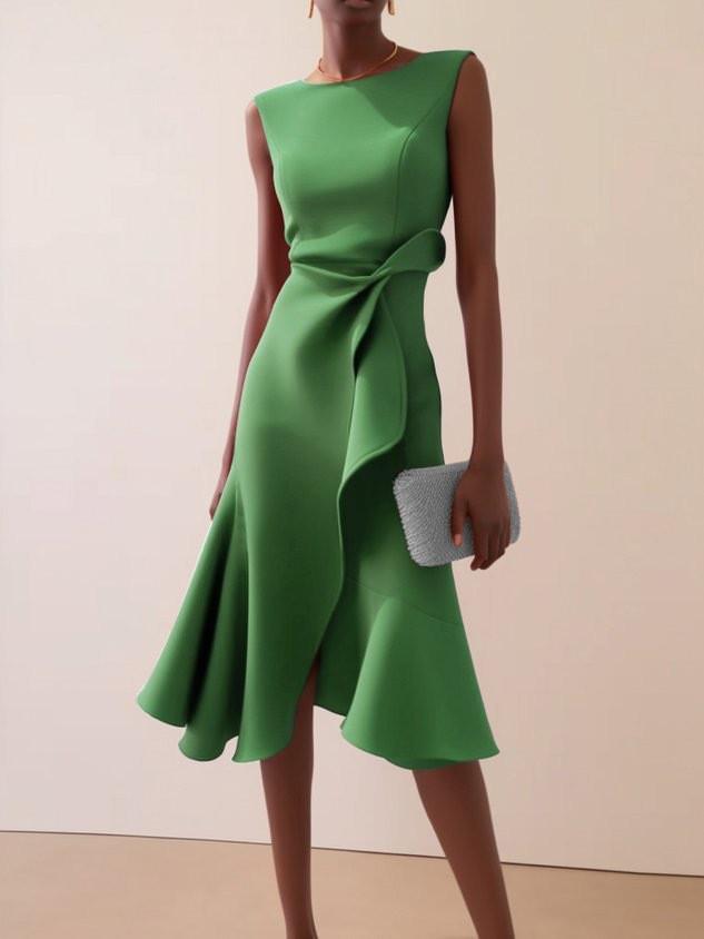 

2025 Women s Sleeveless Solid Color Round Neck Mid-Length Formal Dress L зелёный