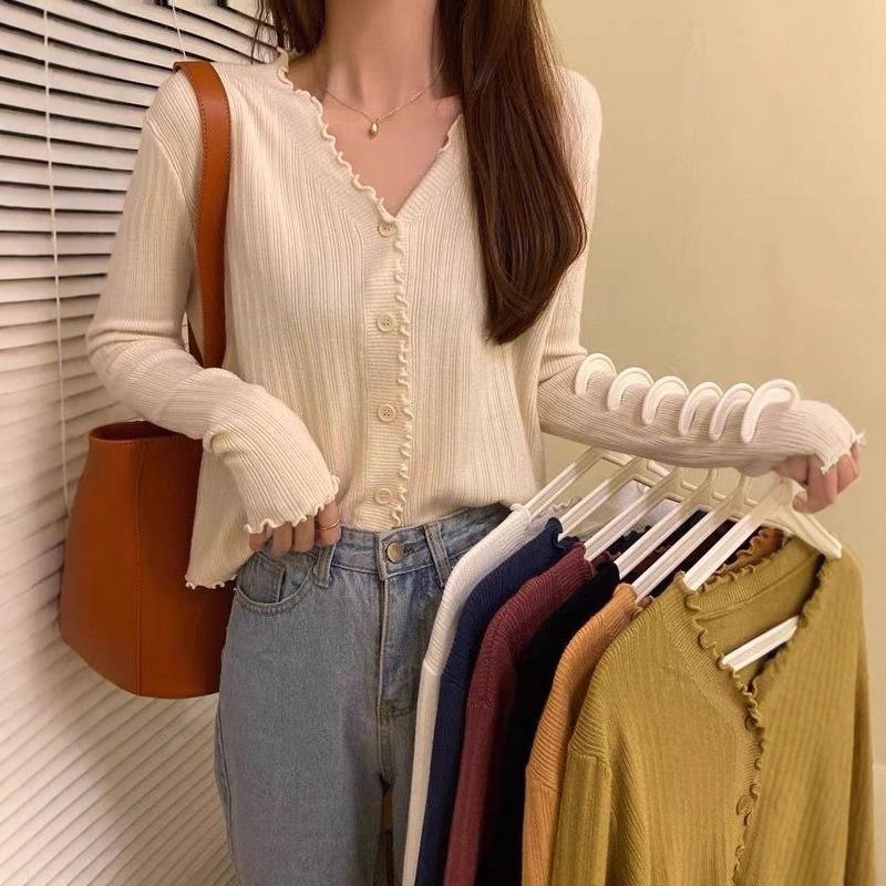 V-neck knitted cardigan solid color versatile small coat sweater spring trend women's early autumn new fungus edge