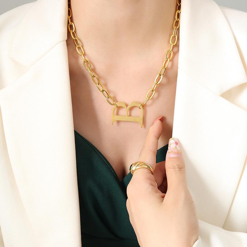 Geometric English Letter B Necklace: European & American Hip Hop Style, Trendy Gold-Plated Titanium Steel for Women.