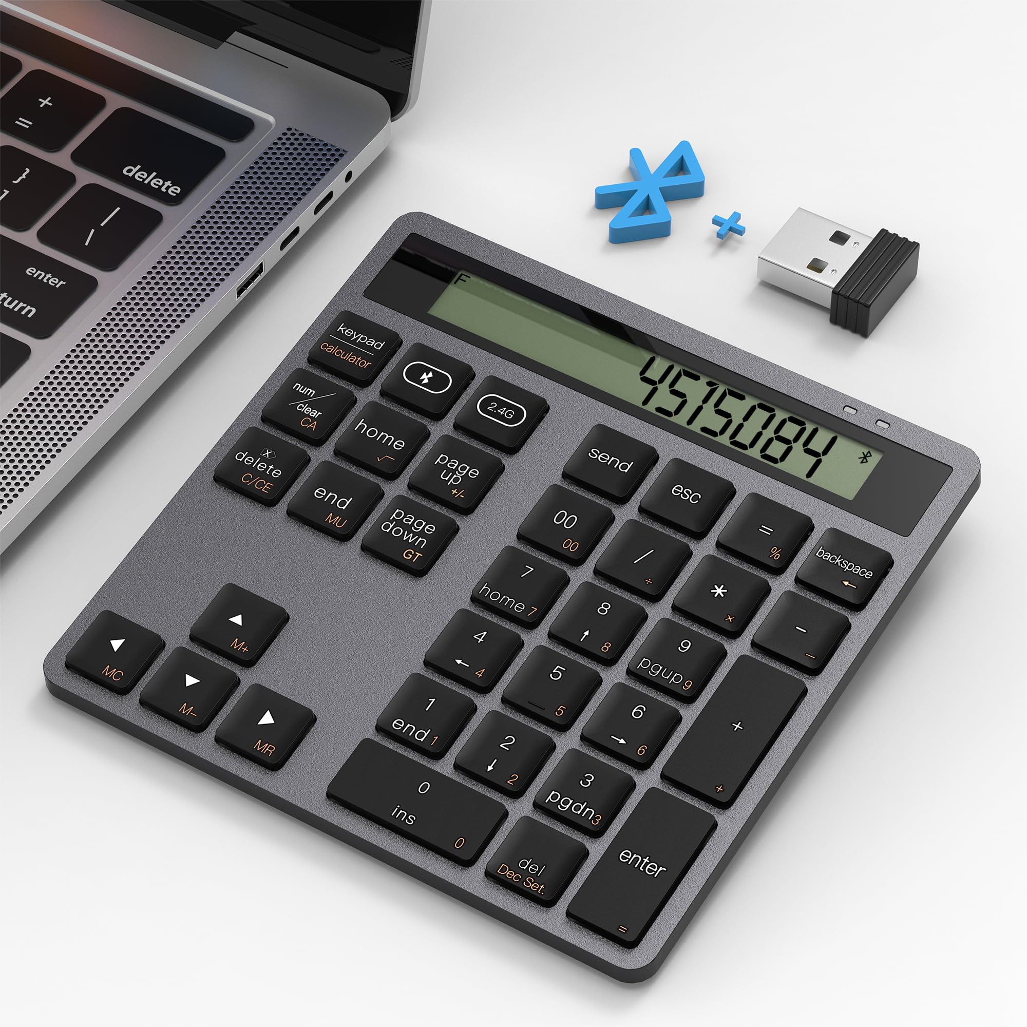 

2-in-1 Wireless Bluetooth2.4G Numeric Keypad with Calculator, Slim 34-Key External Keypad for Data Entry and Calculations, Compatible with Laptops,