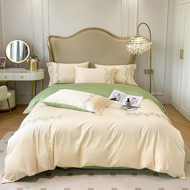 Embroidery Pure Cotton Four-piece Quilt Cover Solid Color Bed Sheet Light Luxury Style Bedding