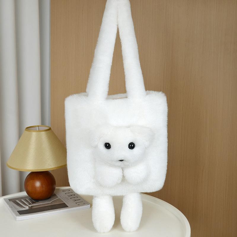New Plush Doll Shoulder Bag Cute Niche Oblique Straddle Women's Bag Imitation Mink Hair Contrasting Color Bear Doll Tote Bag