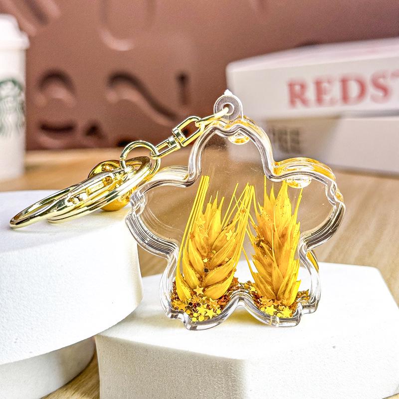 Gold Wheat Ear Oil-Filled Acrylic Keychain Quicksand Pendant for Bags and Cars