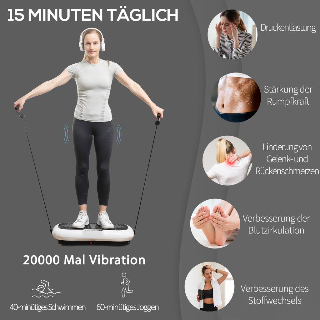 Plateforme vibrante avec 99 niveaux, 2 bandes de fitness, 73 x 40 x 13 cm, Blanc+Noir