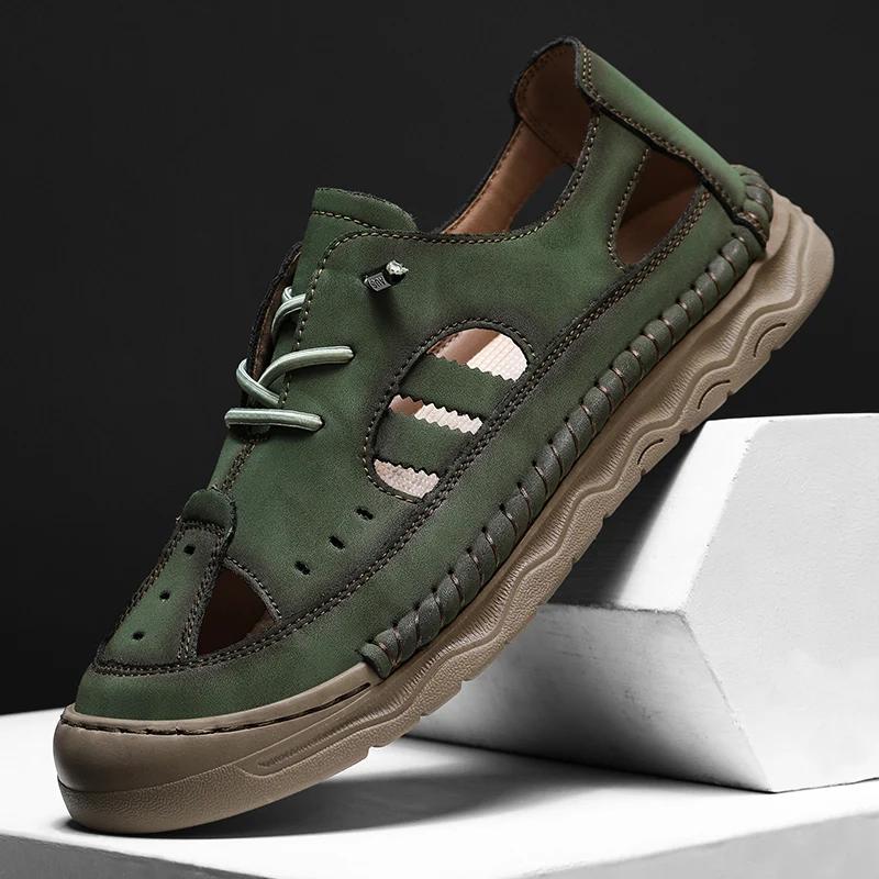 Fashion Men Fashion Summer New Style Leather Sandals Toe Cap Outdoor Sports Hollow Leisure Beach Sandals Man Hand Sewn Thread Mesh Shoes