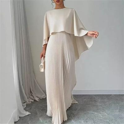 Vestidos Plissados Elegantes de Gola Redonda Primavera Verão Feminino Casual Liso Solto Vestido Longo Mangas Capa Babados Vestido Longo Vestidos