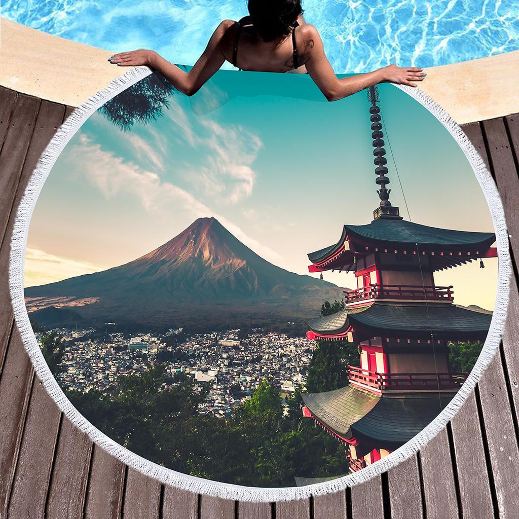 Japanese Mount Fuji Round Beach Towel,Snow Mountain Sand Free Lightweight Beach Blanket,Absorbent Quick Dry Pool Towel Yoga Mat