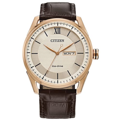 

Citizen Men s Classic Eco-Drive Watch, 3-Hand, Day and Date, Brown Leather Strap/Rose Gold, Classic
