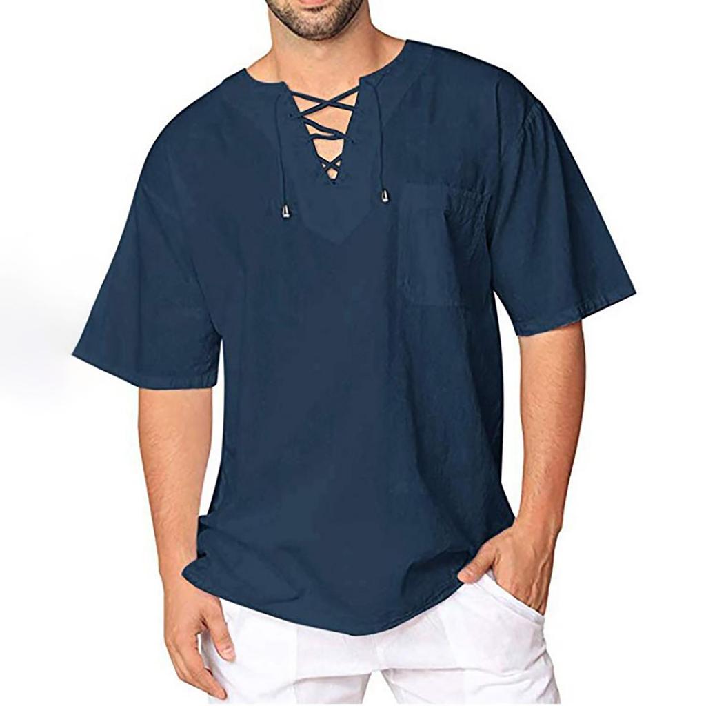 Mens Cotton Linen Shirts Casual Beach Hippie Shirt Short Sleeve V Neck Yoga Tops