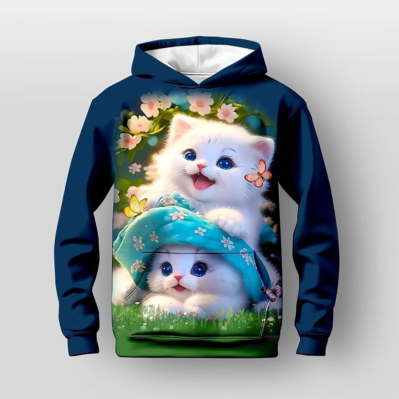 Girls' 3D Floral Cartoon Cat Hoodie Long Sleeve 3D Print Fall Winter Active Fashion Cute Kids 3-12 Years Outdoor Casual Daily Regular Fit