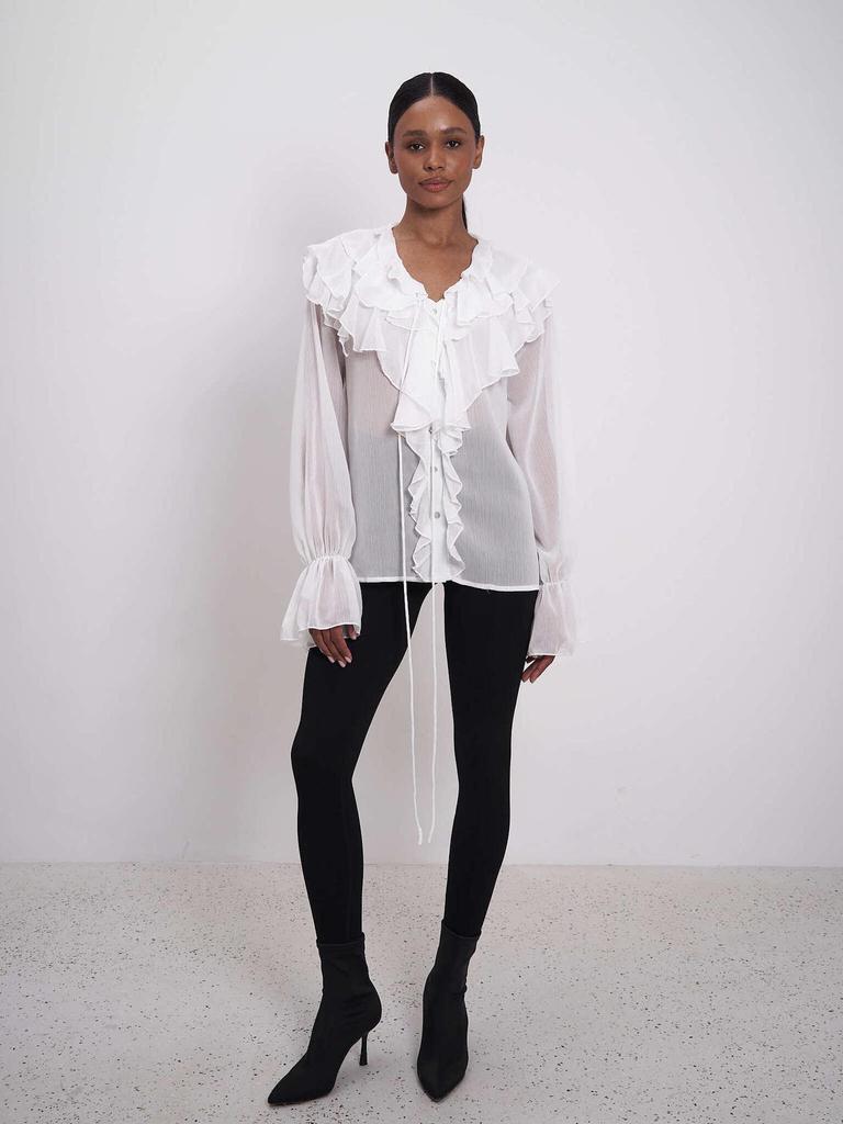 Stylish European & American Tie-Up Puff Sleeve Ruffle V-Neck Blouse - Solid Color Women's Spring Top